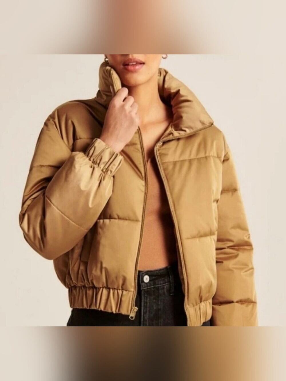 Abercrombie & Fitch Ultra Puffer Jacket Tan Cropped Coat Small Like New